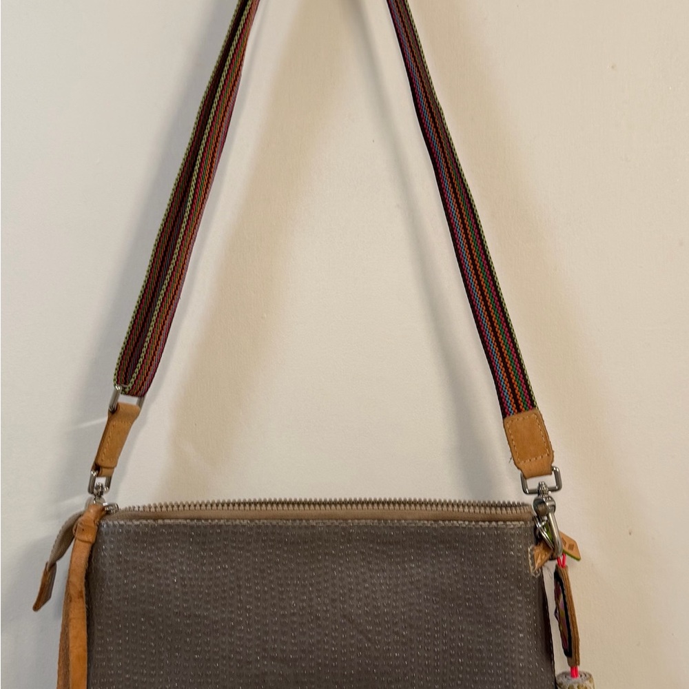 Taupe Leather Crossbody Bag with Colorful Woven Strap - Picture 2 of 13